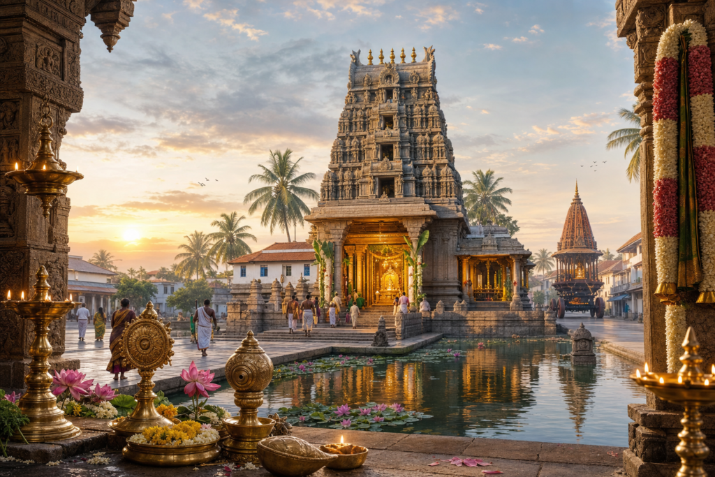 Soundararaja Perumal Temple in Nagapattinam at sunrise with lamps, lotus flowers, temple tank, and festival chariot