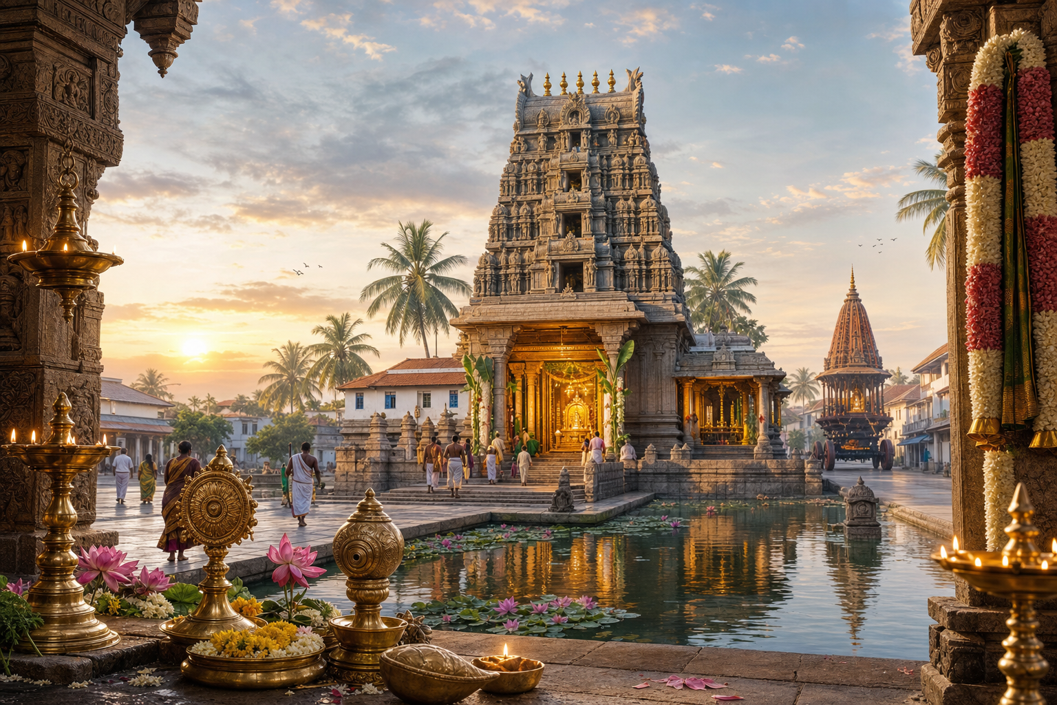 Soundararaja Perumal Temple in Nagapattinam at sunrise with lamps, lotus flowers, temple tank, and festival chariot