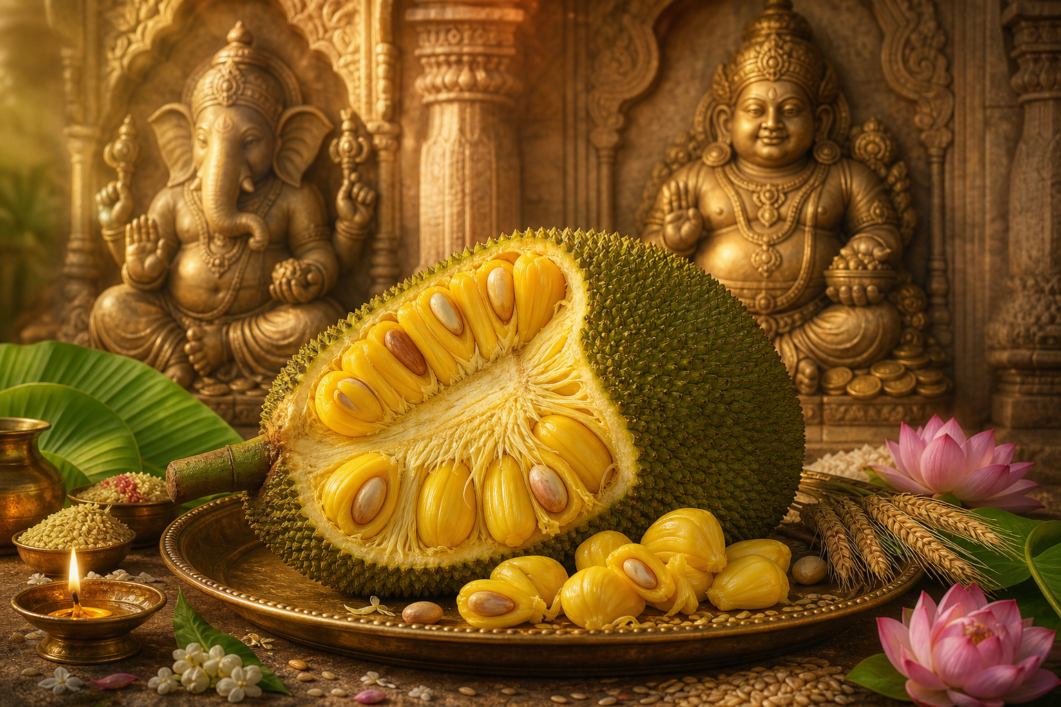 Opened jackfruit offering before temple reliefs of Ganesha and Kubera