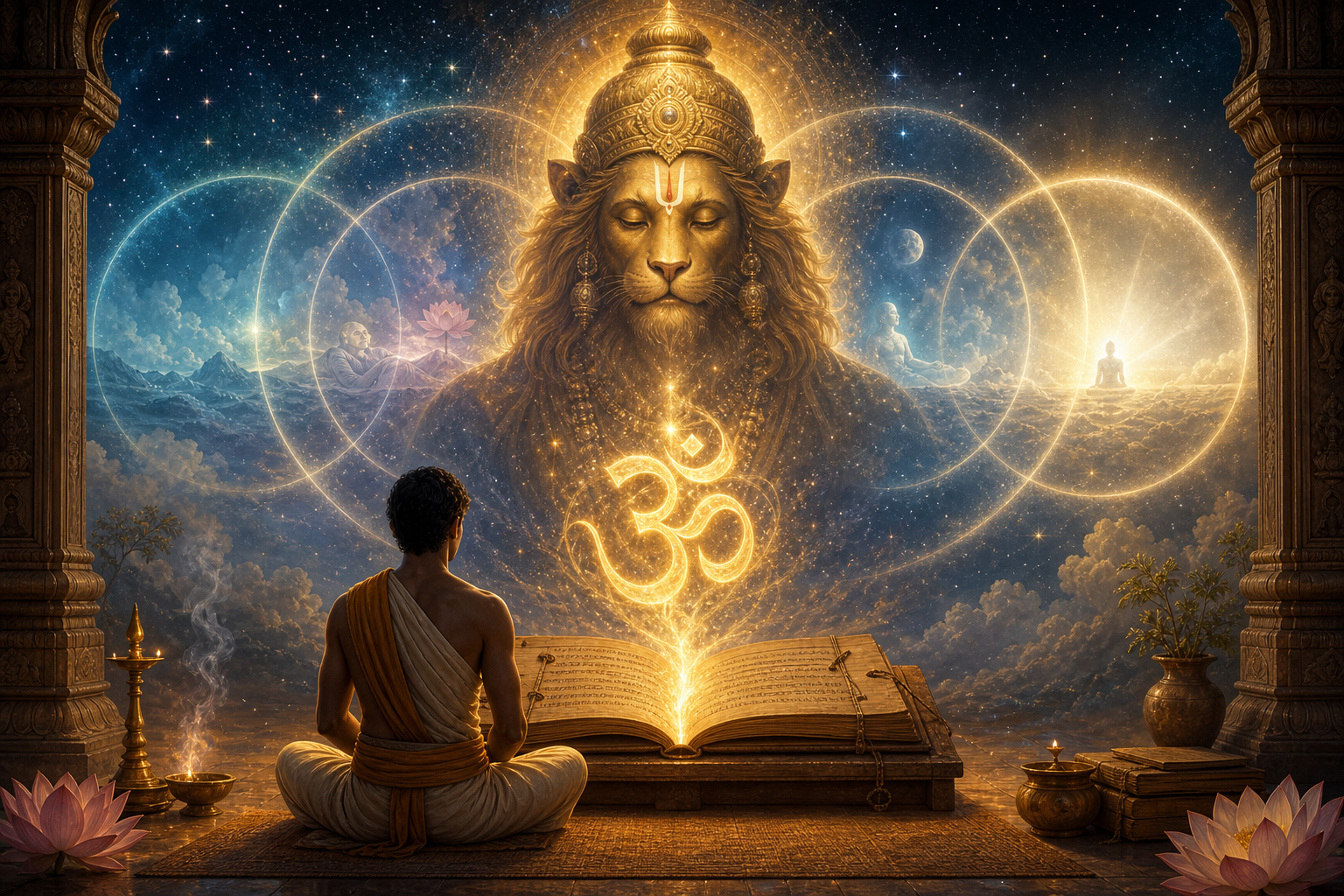 Meditating seeker before a glowing Om and serene Lord Narasimha in a cosmic Vaishnava Vedanta scene