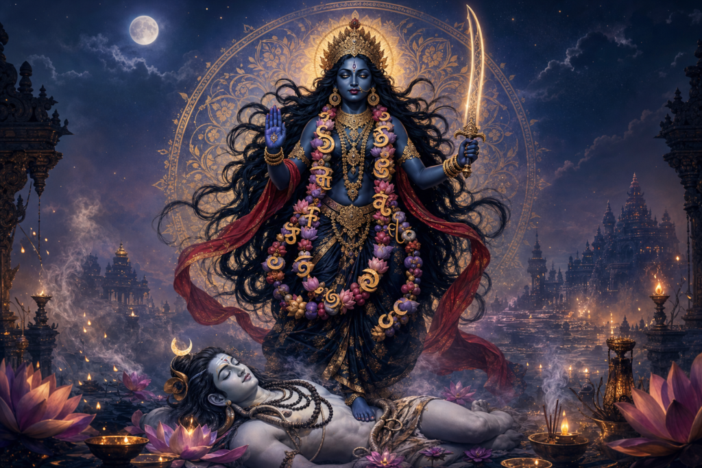Digital artwork of Shri Kali standing over serene Shiva amid a moonlit temple landscape with lotus flowers, lamps, and a golden mandala.