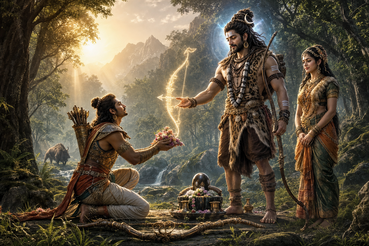 Arjuna kneels before Lord Shiva as a Kirata hunter receiving the luminous Pashupatastra blessing in a sacred Himalayan forest.