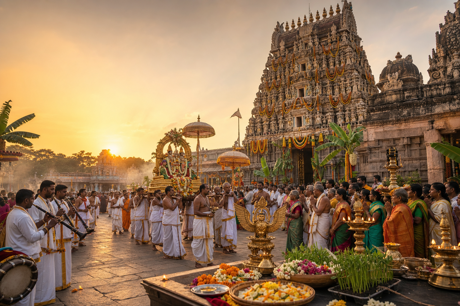 Brahmotsavam procession at Narayanavanam Kalyana Venkateswara Swamy Temple at sunrise