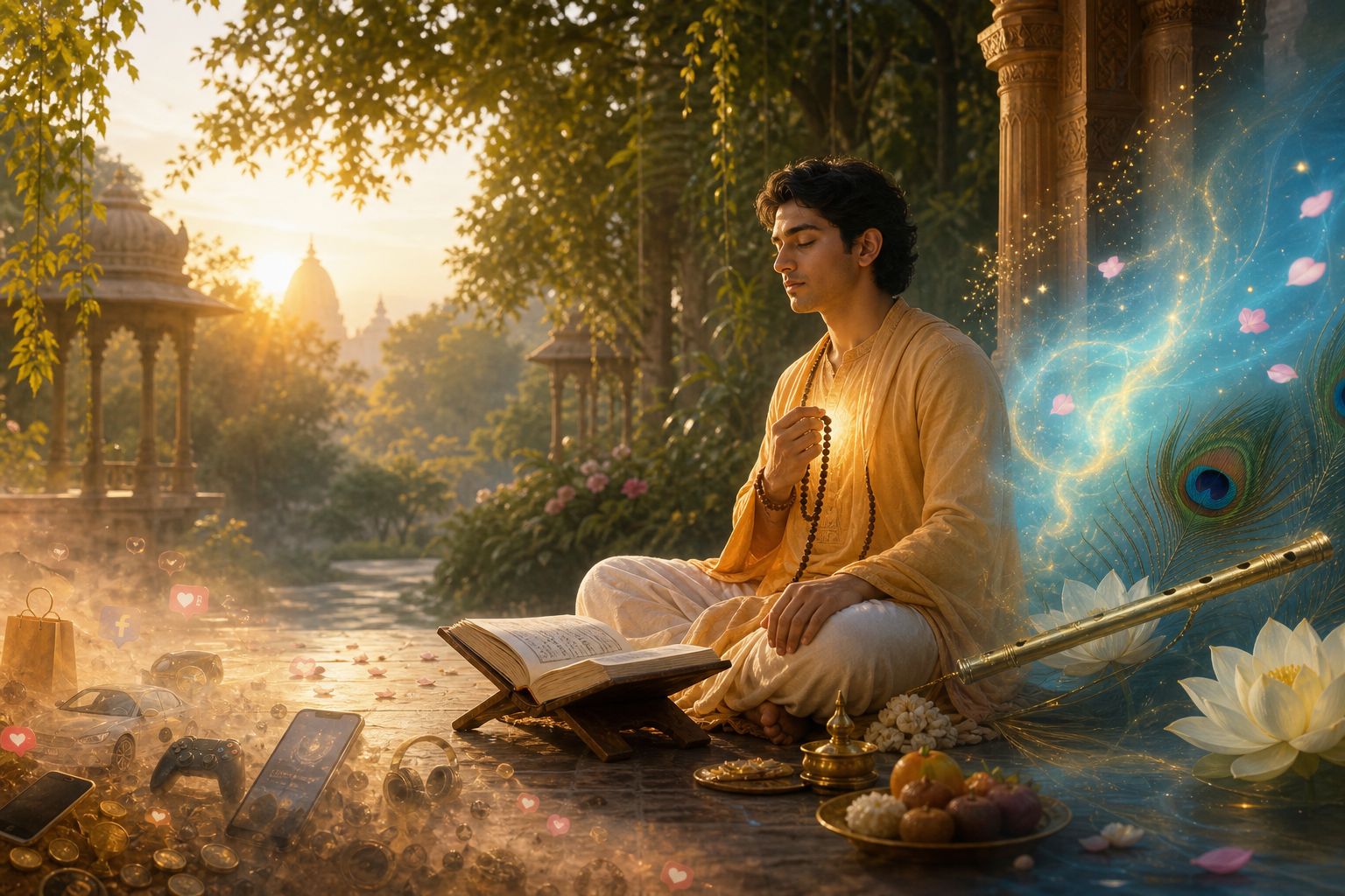 Devotee meditating with japa beads beside the Bhagavad Gita in a Krishna-inspired temple garden