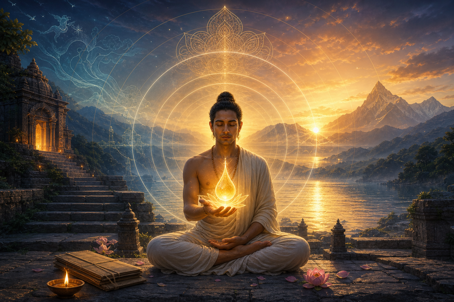 Meditating seeker holding glowing amrita nectar at dawn in a Himalayan temple landscape