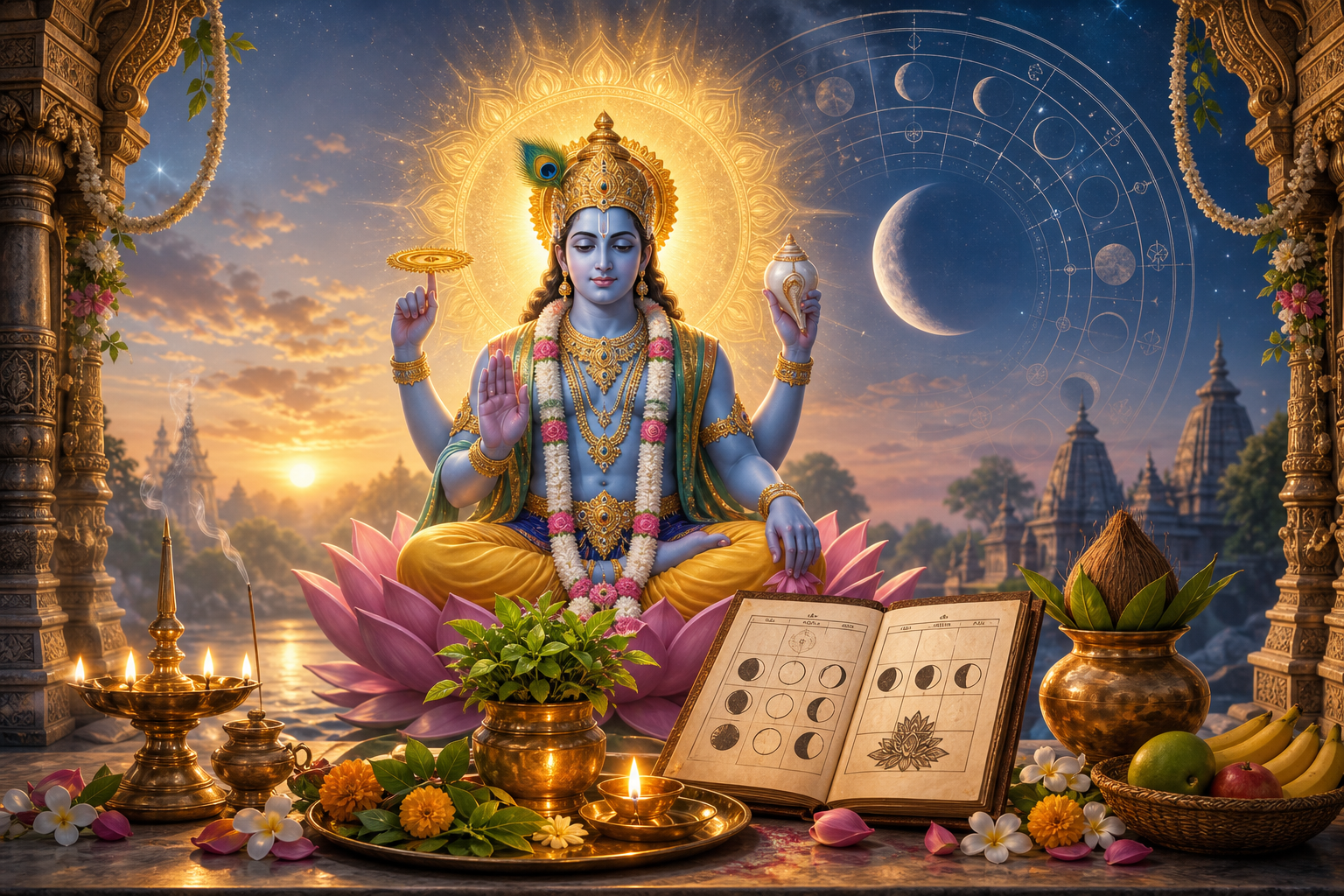 Lord Vishnu-inspired Parama Ekadashi 2026 devotional artwork with puja altar, tulasi, diya lamps, Panchang calendar, and waning moon.