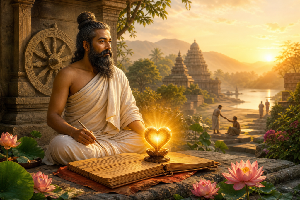Ancient Tamil sage beside a palm-leaf manuscript and glowing heart lamp at sunrise.