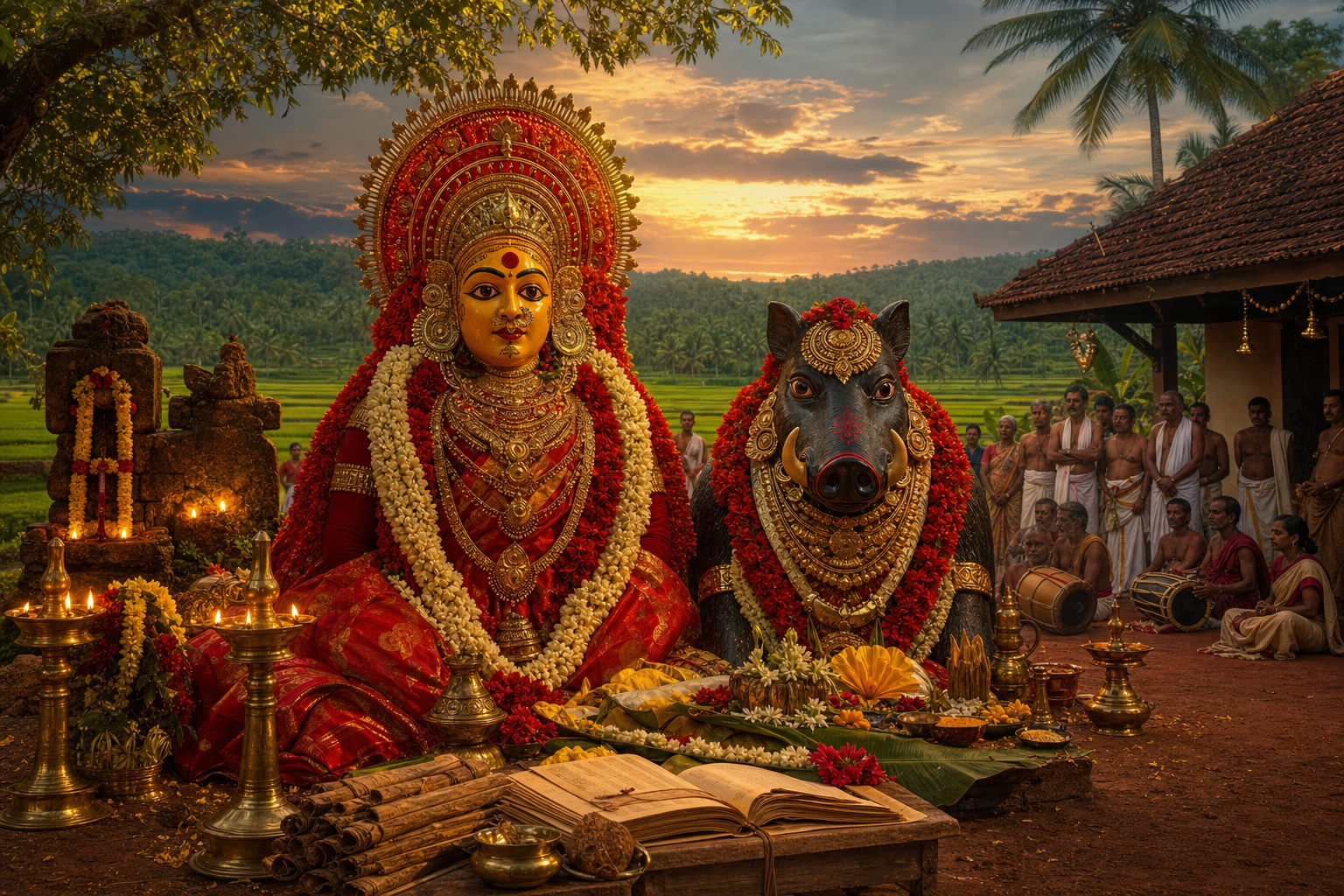 Kallurti and Panjurli daiva guardians depicted with ritual lamps, offerings, drums, and coastal Karnataka paddy fields at sunset.