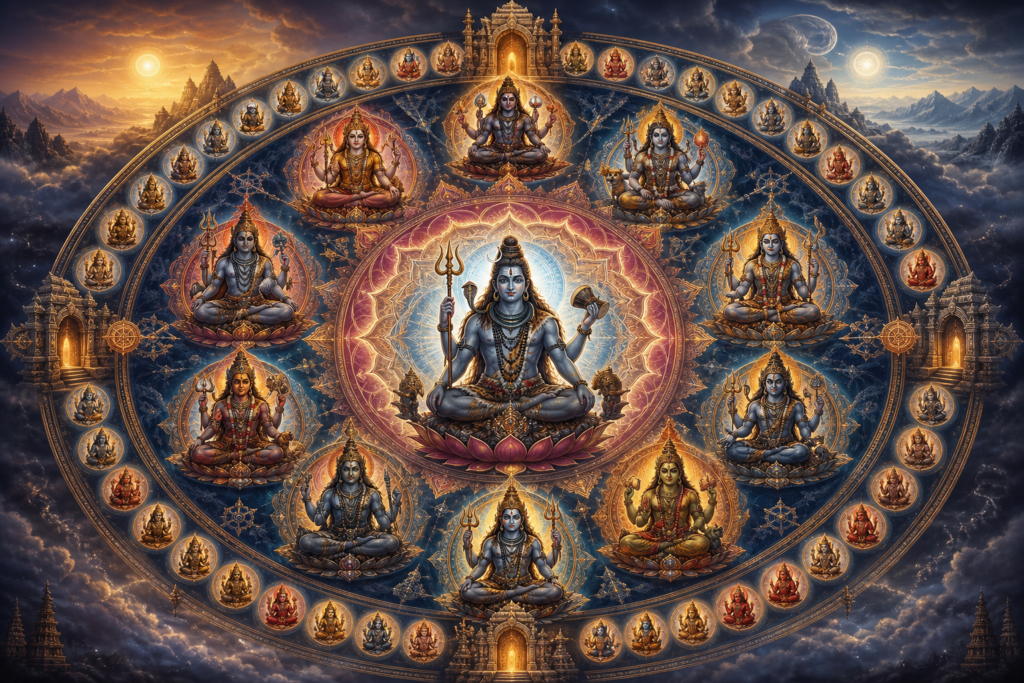 Sacred Bhairava tantric mandala with Shiva-consciousness at the center, surrounded by guardian deities in a cosmic temple circle.
