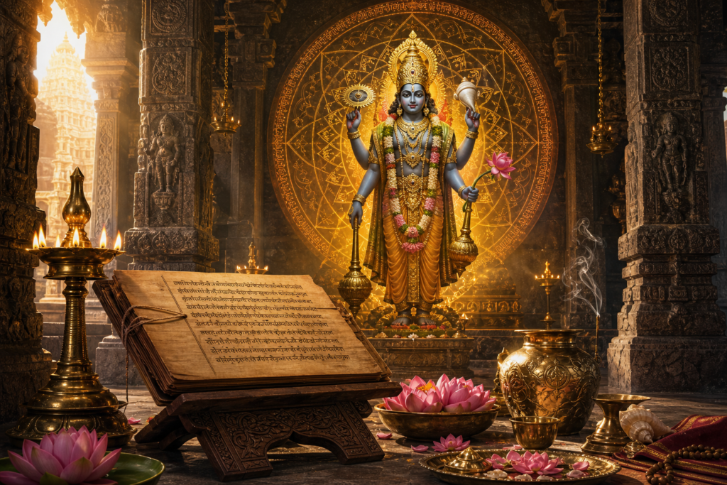 Vishnu-Narayana icon in an ancient Vaishnava temple with palm-leaf scripture, oil lamps, lotus offerings, and a glowing sacred mandala.