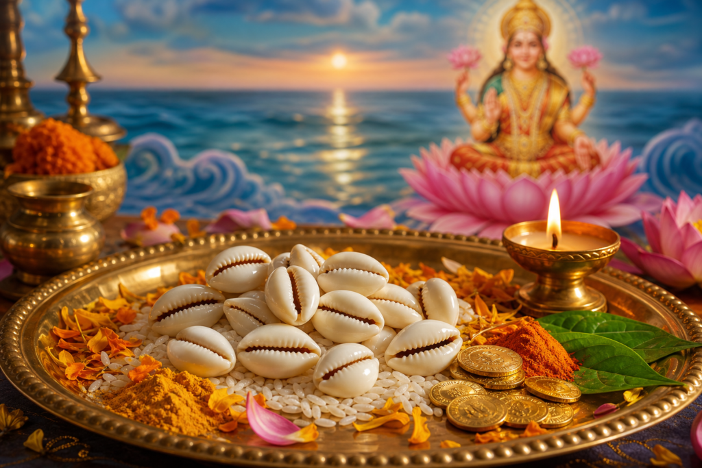 White cowrie shells on a brass Lakshmi puja thali with rice, flowers, coins, betel leaves and a diya
