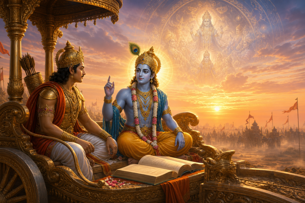 Lord Krishna instructs Arjuna on a golden chariot at sunrise in a peaceful Bhagavad Gita scene.