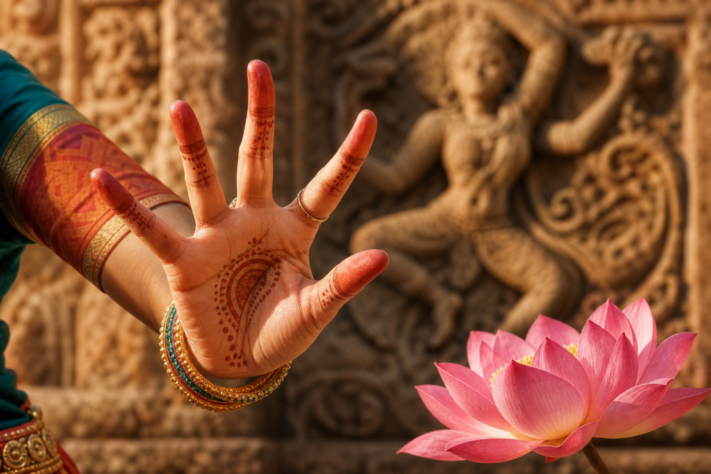 Indian classical dancer's henna-adorned hand in Alapadma Mudra beside a pink lotus with temple carvings behind