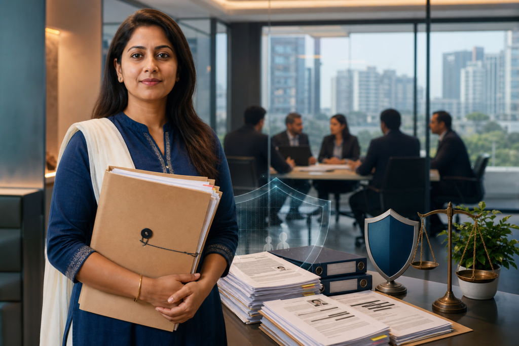 Indian woman employee holding complaint files in a Pune corporate office with legal scales and workplace protection symbols