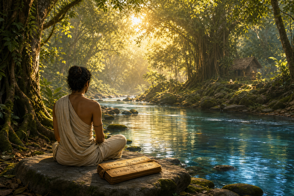 Seeker meditating by a clear forest river at sunrise with palm-leaf scripture nearby
