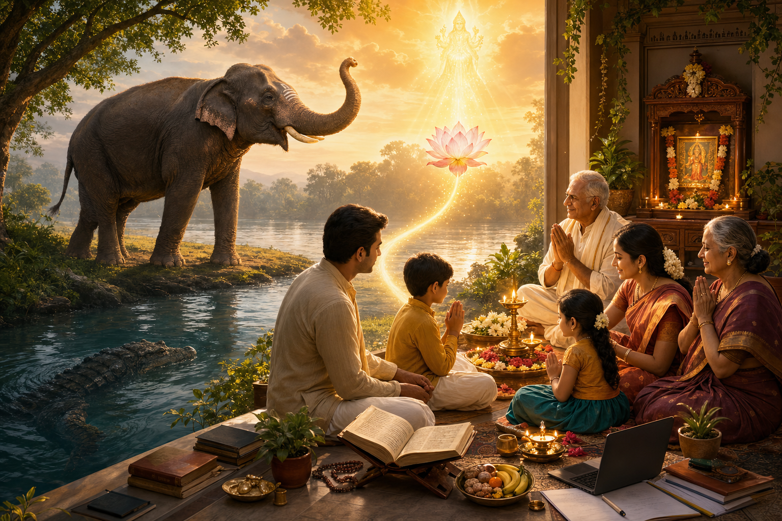 Gajendra's spiritual lesson with elephant, lotus light, and Indian family prayer at a home altar