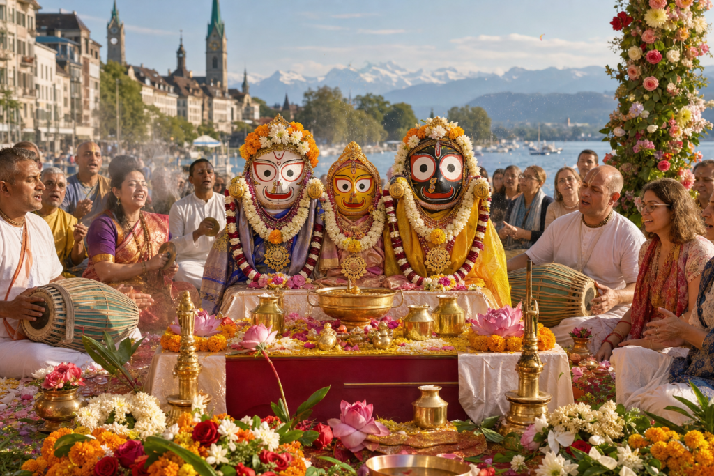 Snan Yatra 2026 in Zurich with Lord Jagannath, Balabhadra and Subhadra on a flower-filled altar by Lake Zurich