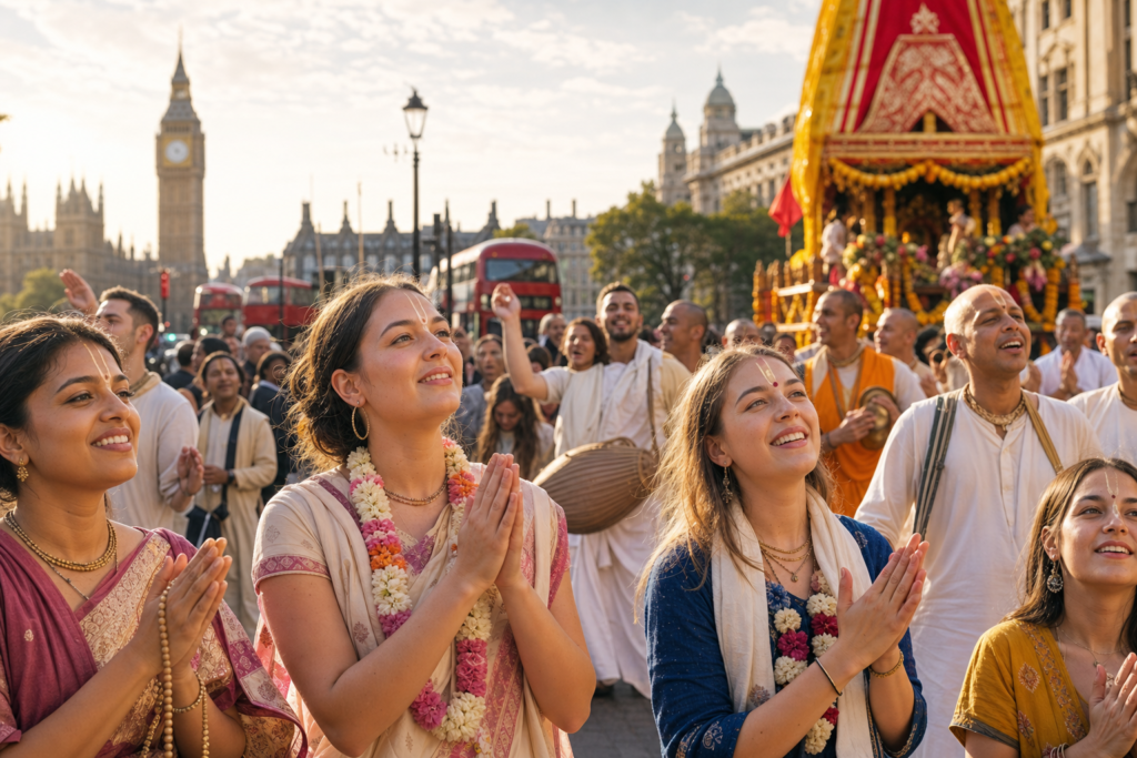 Multicultural kirtan gathering in central London with devotees singing near Big Ben and a decorated Rathayatra chariot