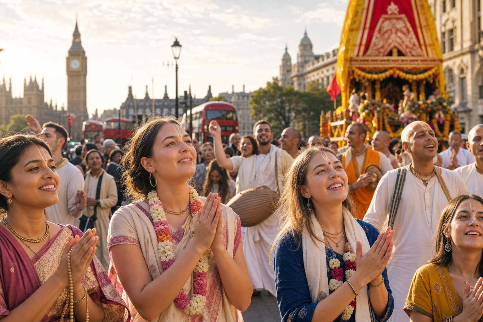 Multicultural kirtan gathering in central London with devotees singing near Big Ben and a decorated Rathayatra chariot