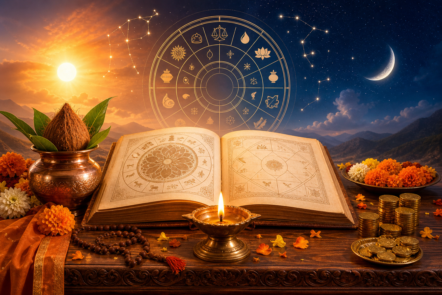 Open Hindu Panchang almanac with diya, kalash, marigolds, coins, sun, moon and astrological time wheel