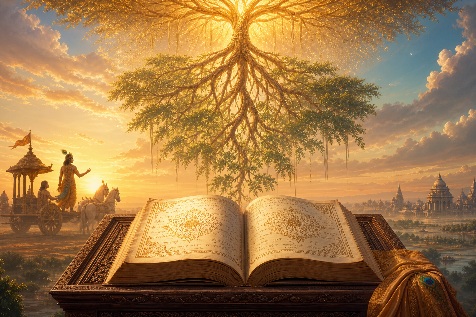 Open Bhagavad Gita beneath a luminous inverted ashvattha tree at sunrise