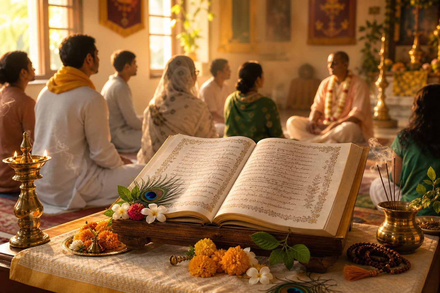 Open sacred scripture with puja offerings during a Vaishnava devotional study gathering