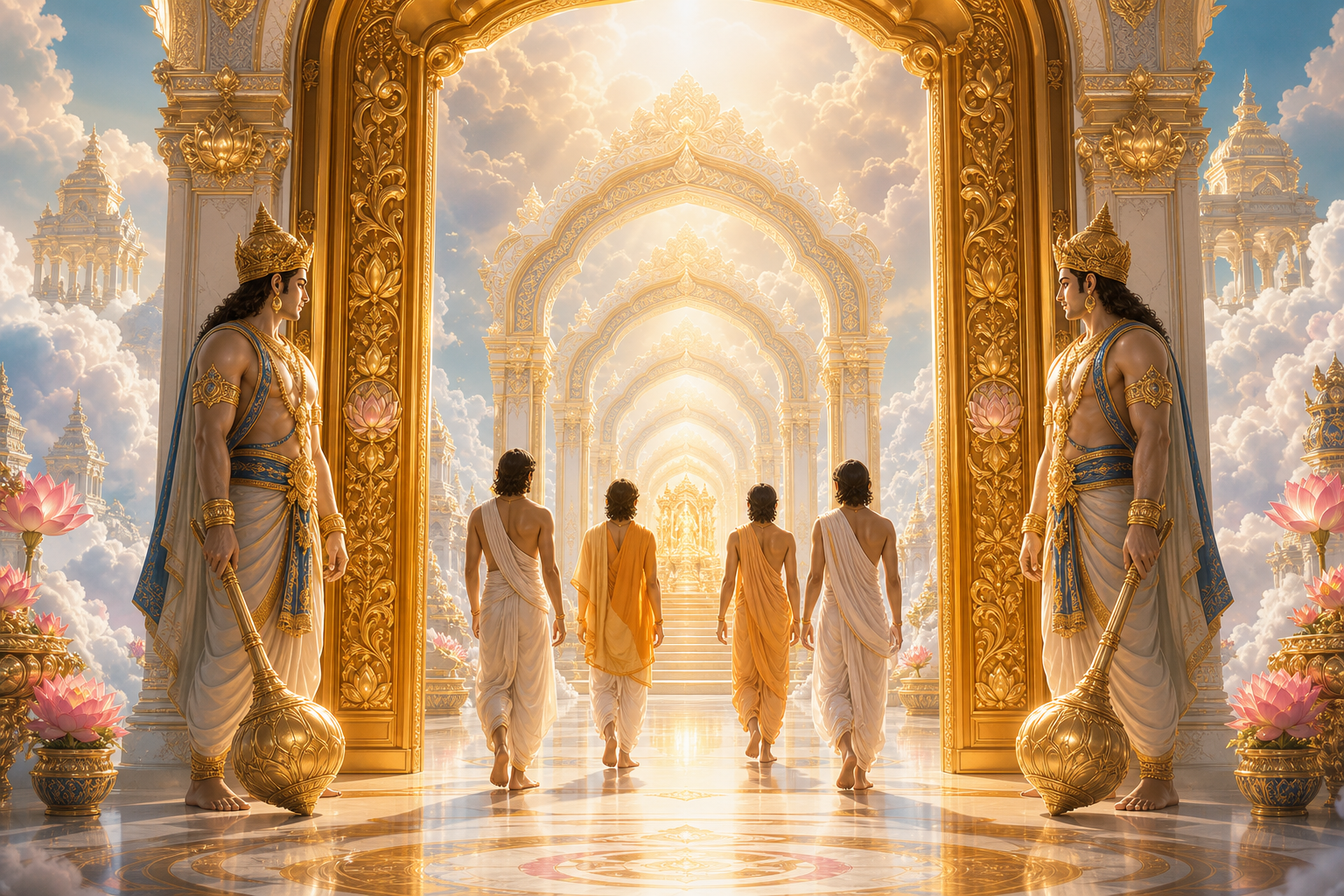 Four sages approach the radiant seventh gate of Vaikuntha, framed by celestial gatekeepers and golden arches.