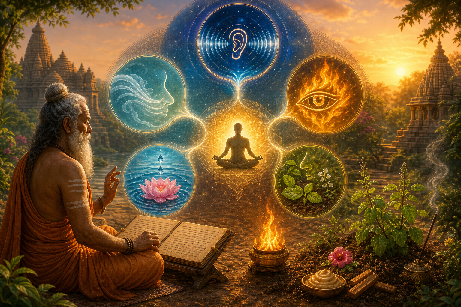 Vedic sage contemplating Sankhya philosophy with five elemental sense symbols in a temple garden
