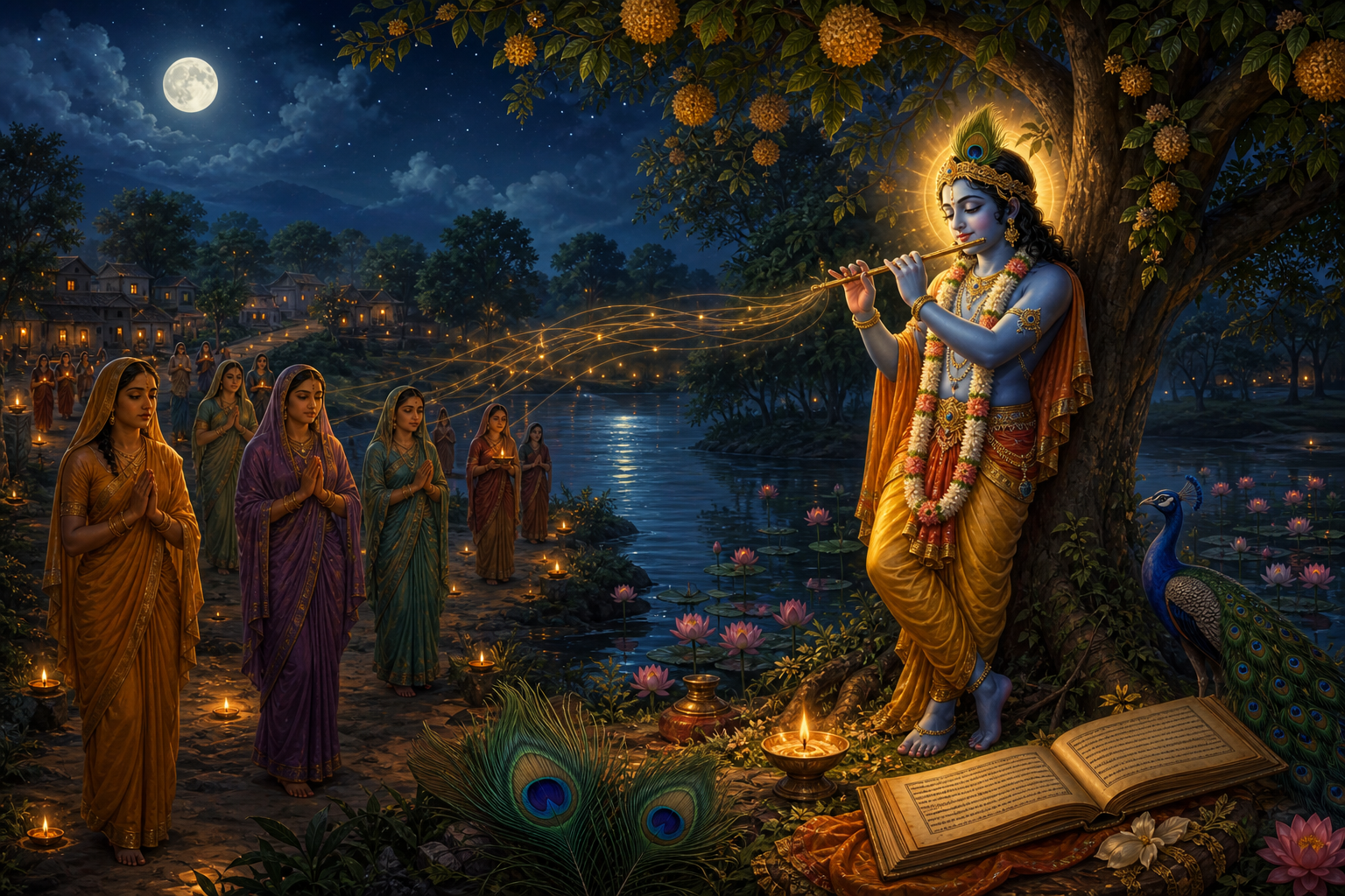 Sri Krishna plays the flute beneath a kadamba tree as devoted gopis approach through moonlit Vraja.