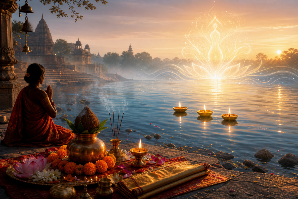 Devotee praying beside a sacred river at dawn with three floating oil lamps and puja offerings for Naditriratra Vrata