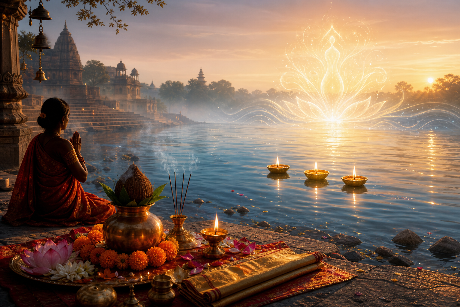 Devotee praying beside a sacred river at dawn with three floating oil lamps and puja offerings for Naditriratra Vrata
