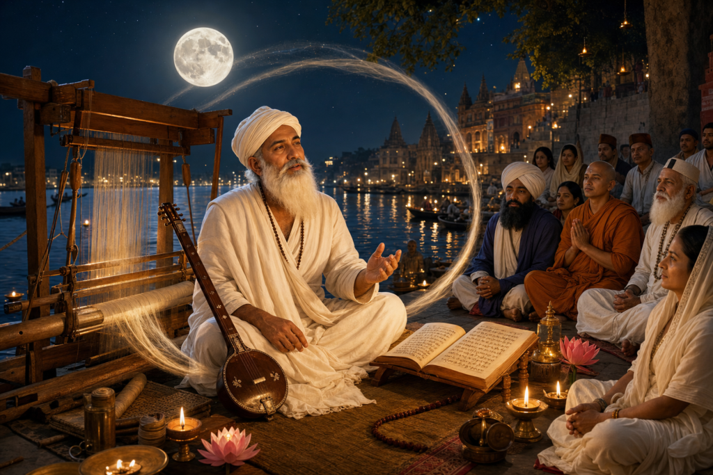 Sant Kabirdas seated by a handloom on Varanasi ghats under the full moon, leading a peaceful satsang by the Ganga