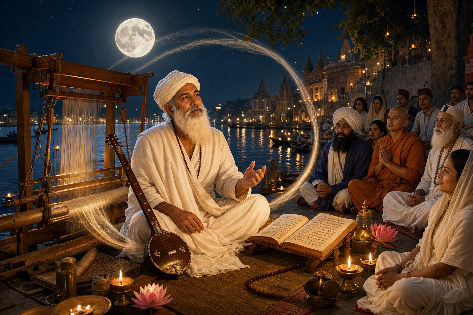 Sant Kabirdas seated by a handloom on Varanasi ghats under the full moon, leading a peaceful satsang by the Ganga