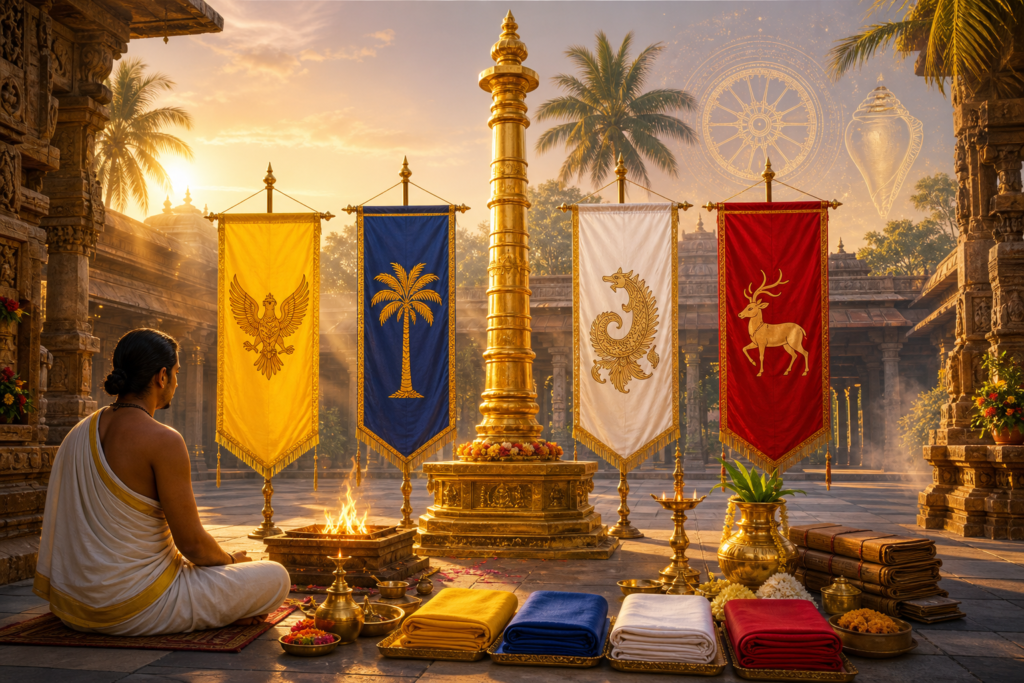 Dhwaja Vrata ritual banners and golden dhwaja stambha in a Vaishnava temple courtyard at dawn