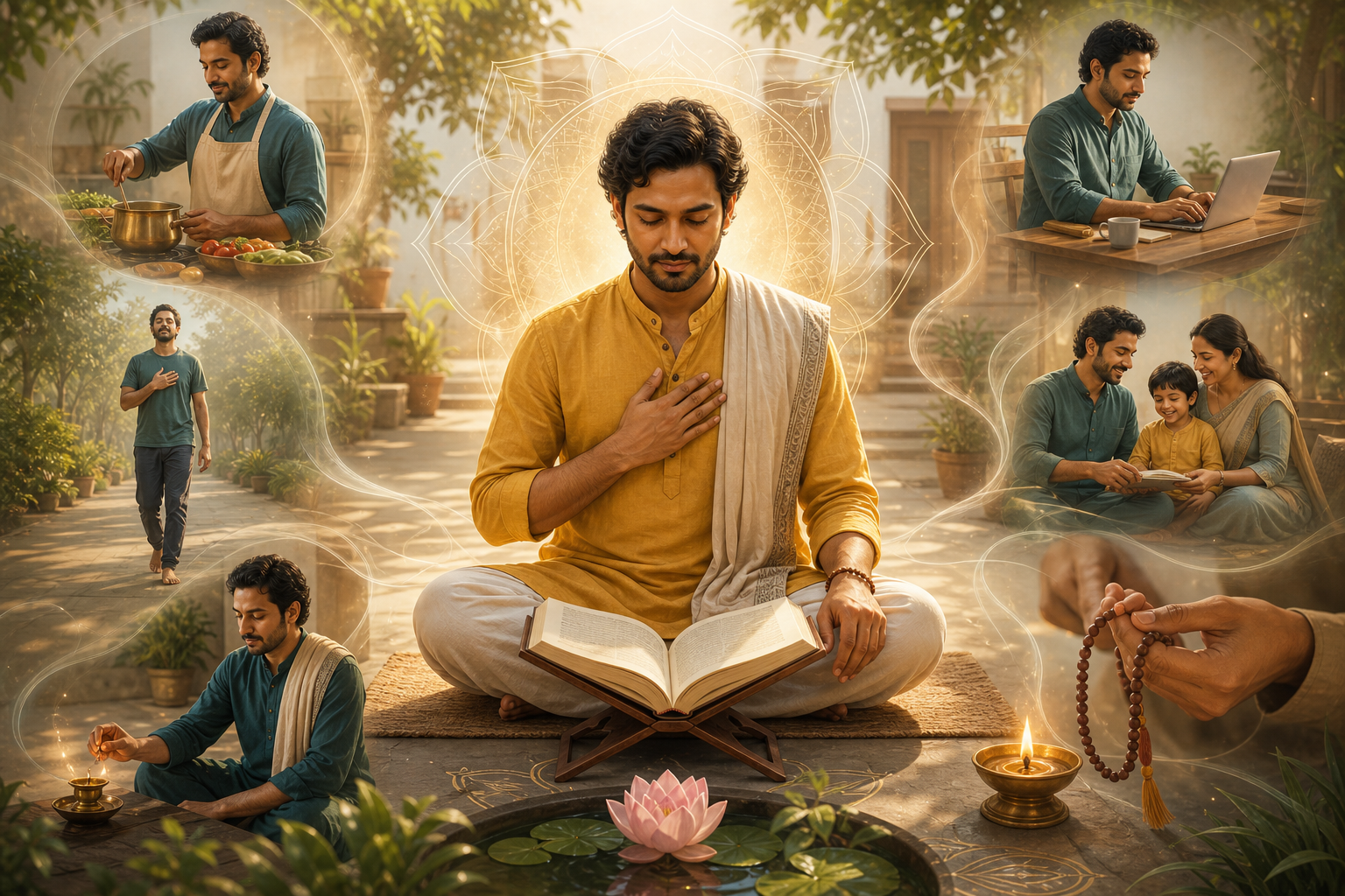 Hindu mindfulness illustration with a practitioner meditating beside an open Bhagavad Gita, surrounded by daily dharma practices