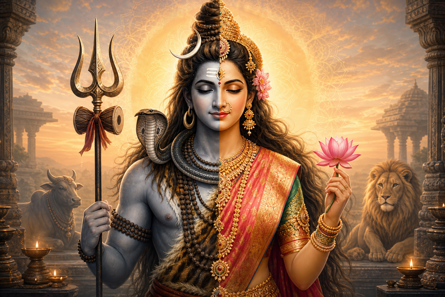 Ardhanarishvara as a serene unified form of Shiva and Parvati in a golden temple setting