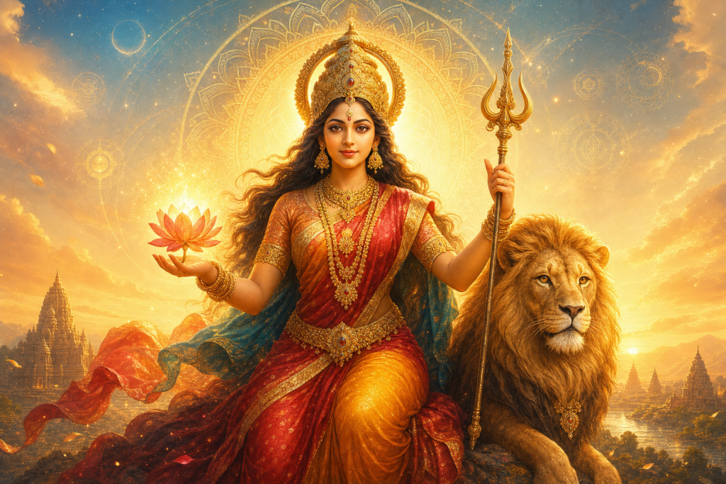 Radiant Hindu-inspired goddess Shakti holding a lotus and trident beside a calm lion at sunrise.