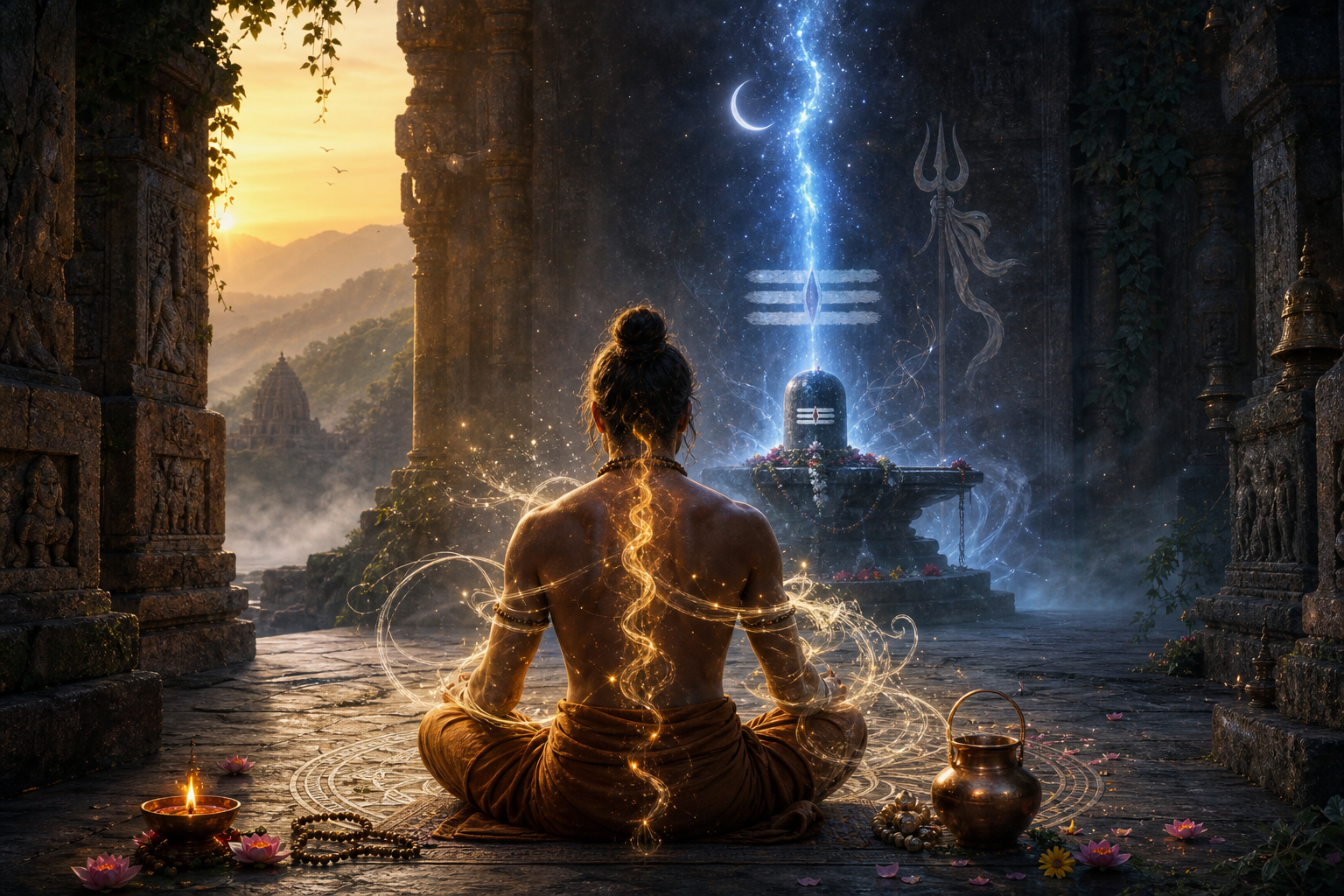 Tantric seeker meditating in a stone temple before a radiant Shiva lingam at dawn