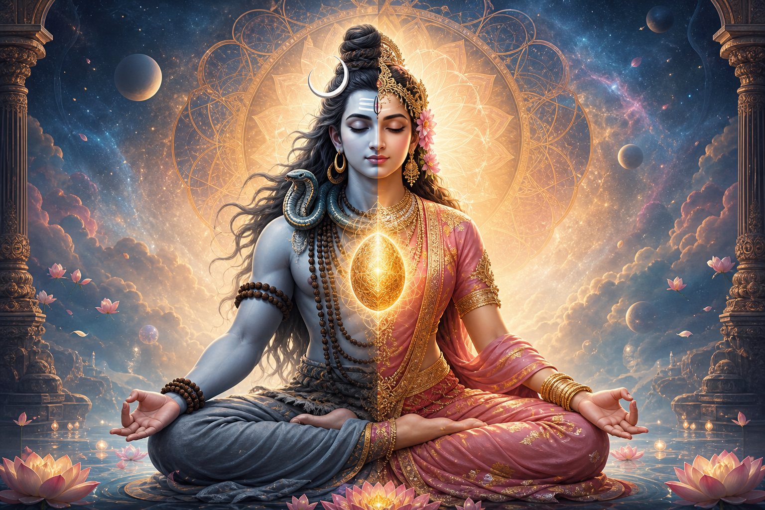 Ardhanarishvara-inspired divine figure meditating in a luminous cosmic temple with a golden mandala and lotus flowers.