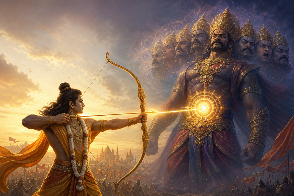 Bhagavan Rama aims a radiant arrow at Ravana in a symbolic Ramayana battlefield scene.