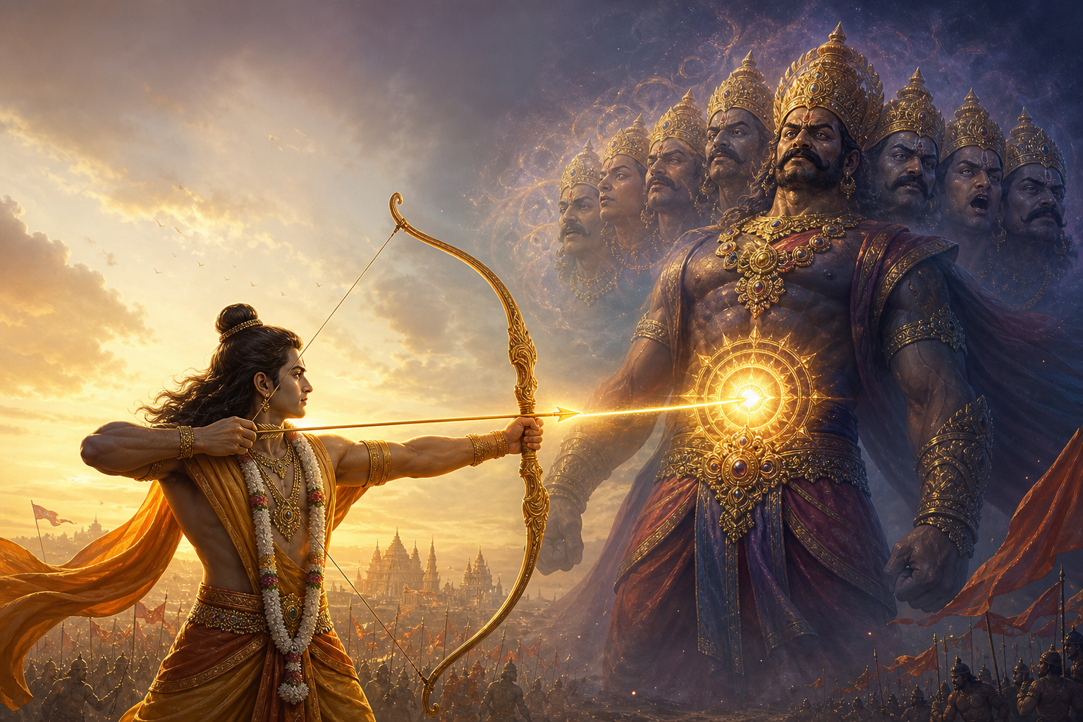 Bhagavan Rama aims a radiant arrow at Ravana in a symbolic Ramayana battlefield scene.