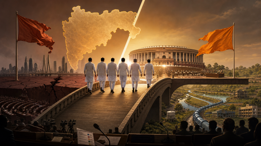 Symbolic Maharashtra political realignment scene with six Indian lawmakers crossing a bridge toward Parliament, saffron flags, Mumbai skyline, and rural development imagery.