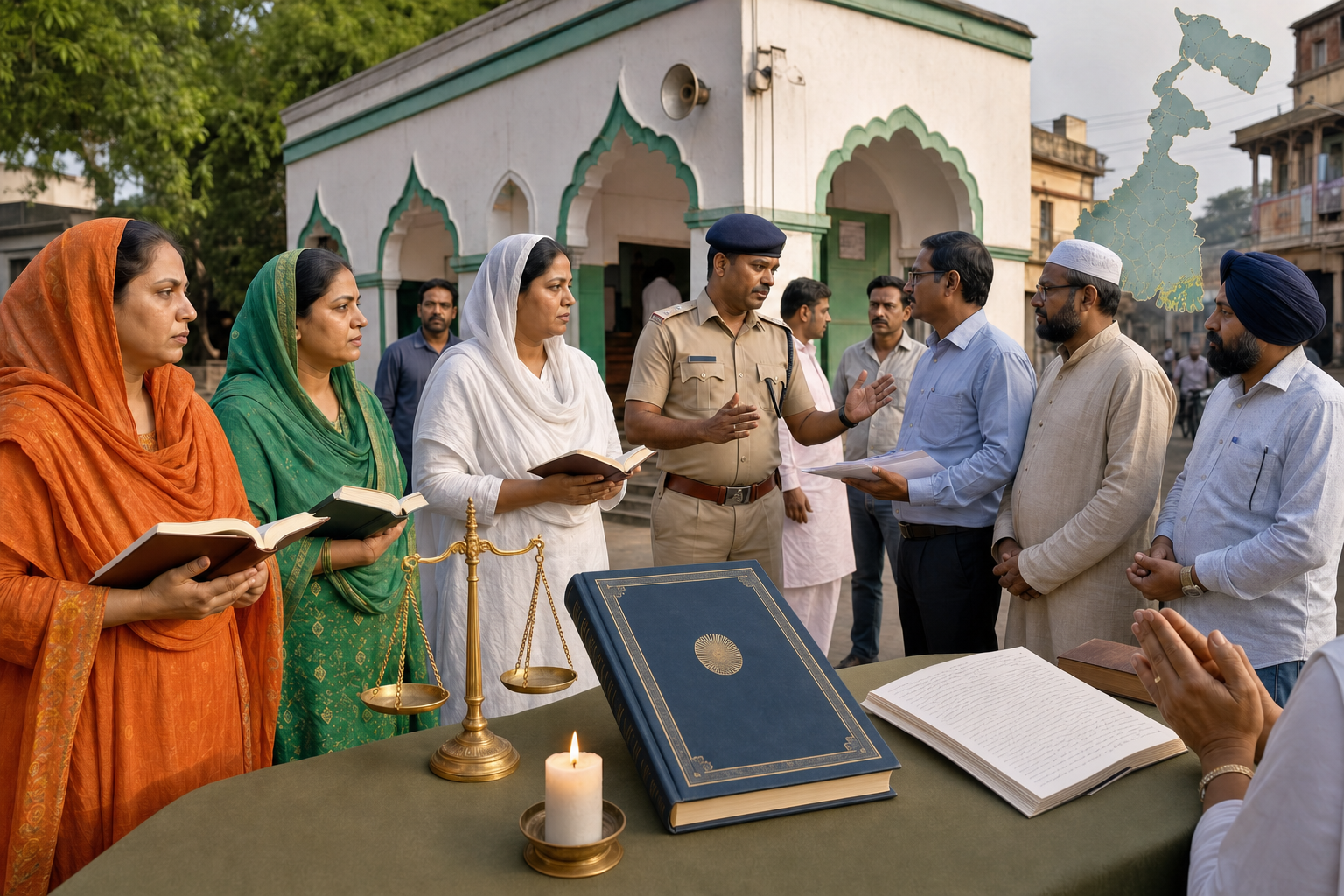 Community members, police and officials discuss religious freedom outside a Raniganj prayer hall with the Indian Constitution and scales of justice.
