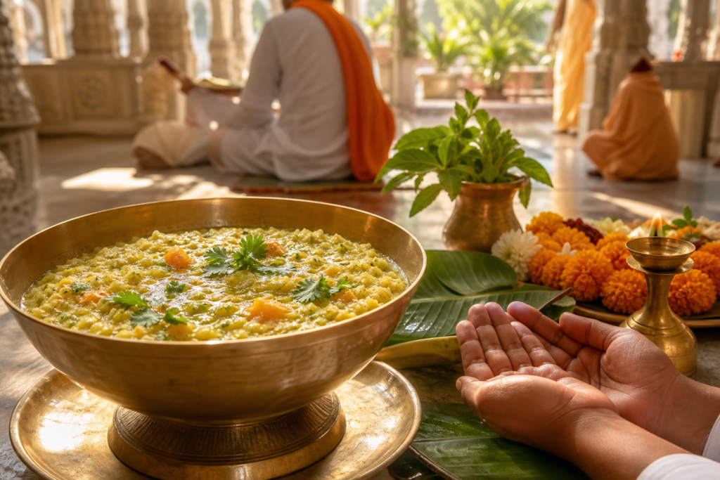 Brass bowl of khichdi prasadam offered in a serene ISKCON Vrindavan temple setting