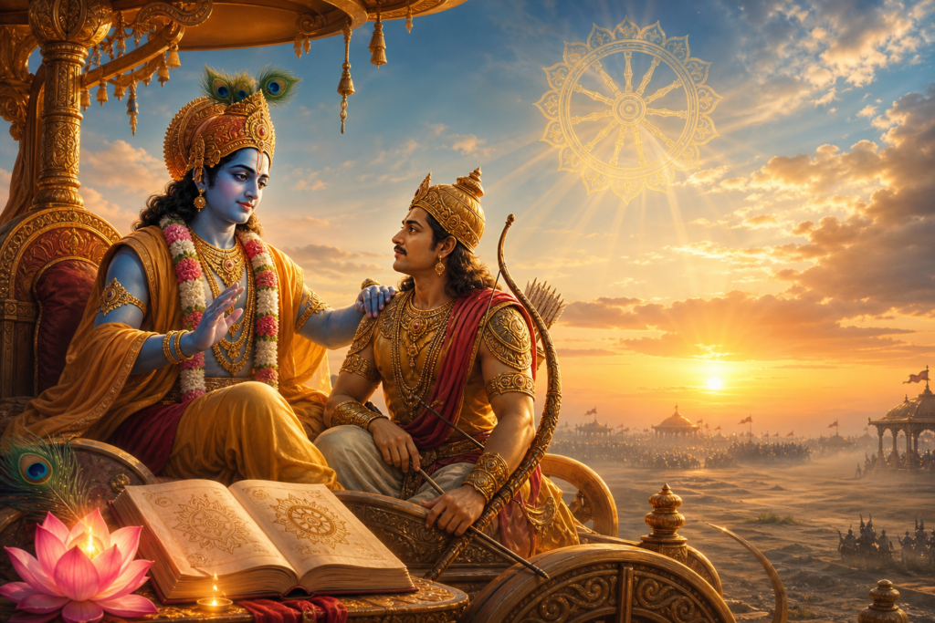 Sri Krishna guiding Arjuna on an ornate chariot at sunrise in a peaceful Bhagavad Gita scene