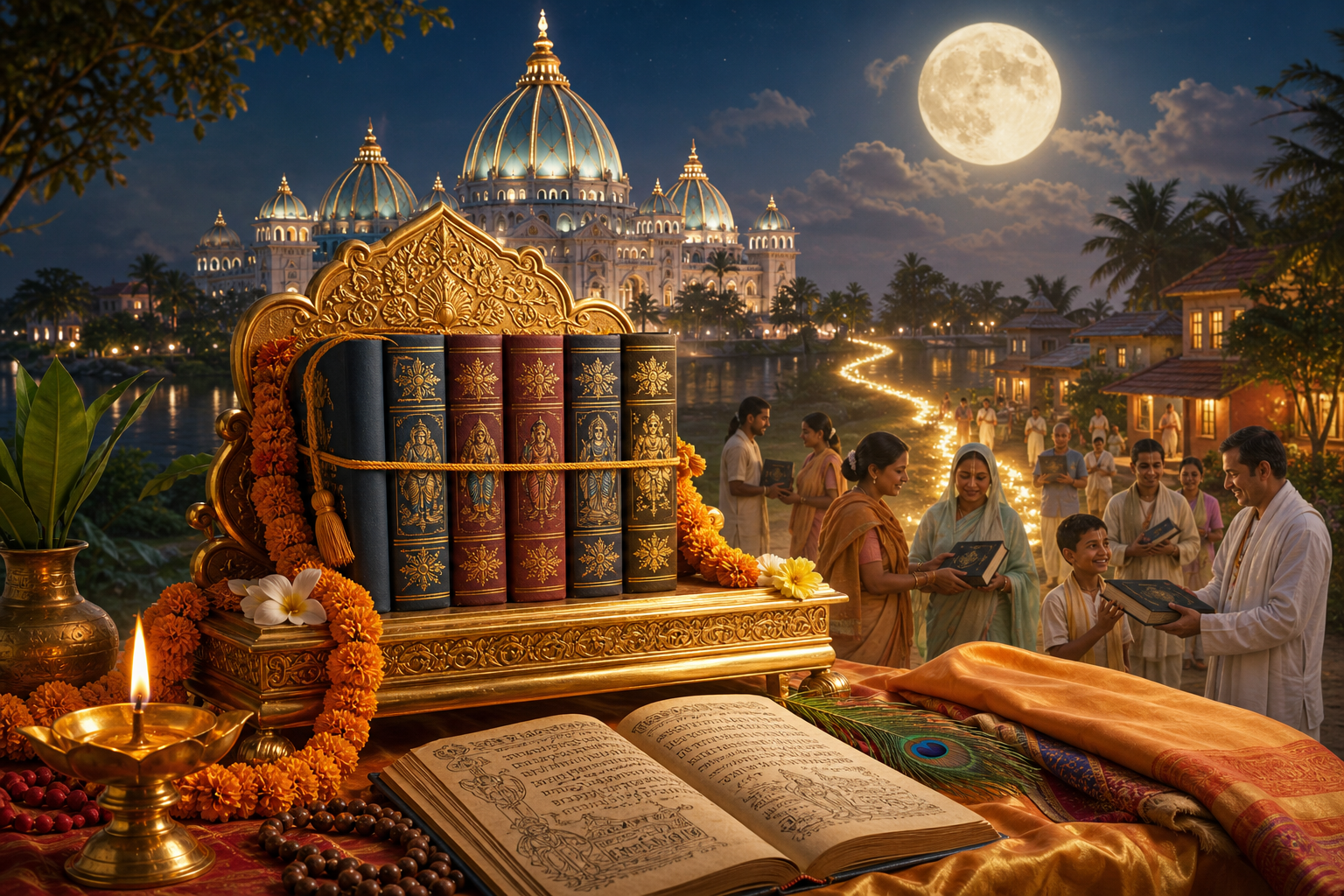 Sacred Bhagavatam volumes on a golden throne at Sri Dham Mayapur under a full moon, with devotees receiving books.