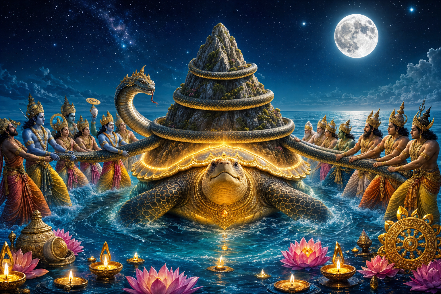Kurma Jayanti illustration of Lord Kurma supporting Mandara mountain during Samudra Manthan under a full moon