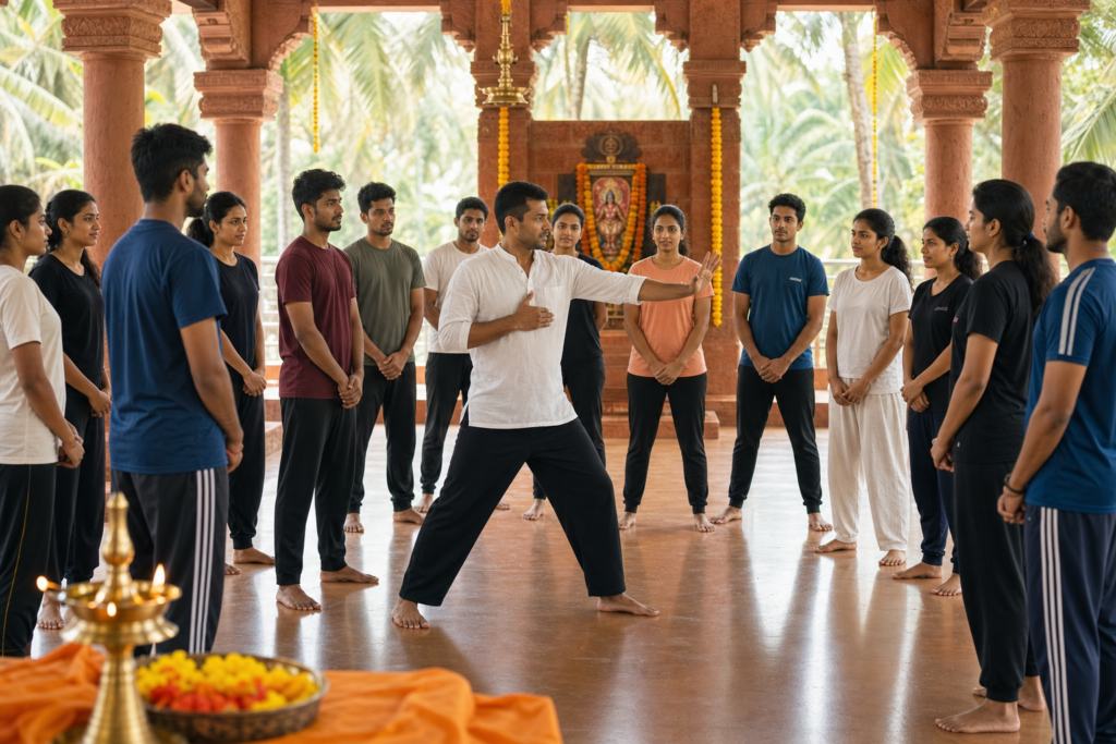 Instructor leads young men and women in a calm self-protection stance exercise inside a Goan temple mandap.