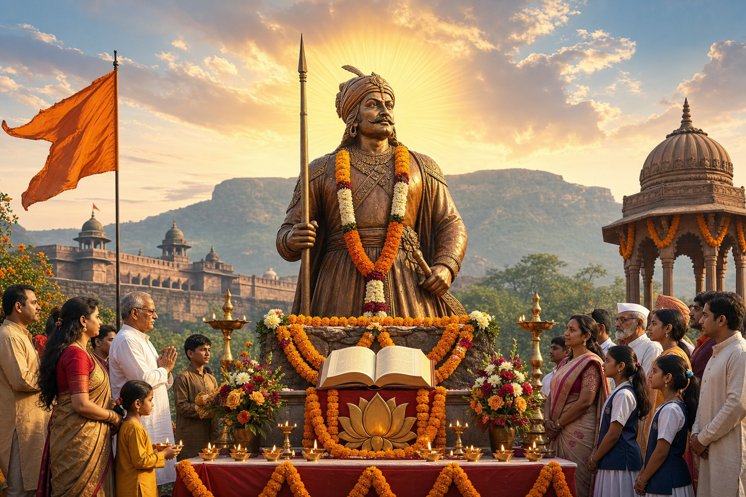 Maharana Pratap Jayanti commemoration in Satara with a garlanded statue, saffron flag, lamps, and community gathering