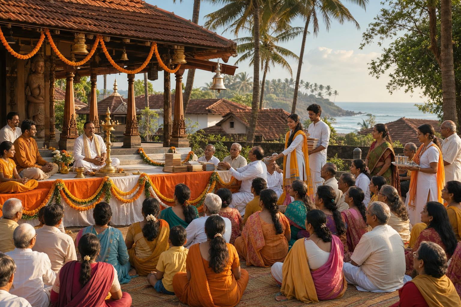 Community gathering at a coastal Konkan temple in Vengurla with families, volunteers, sacred books, lamps, and the Arabian Sea beyond.
